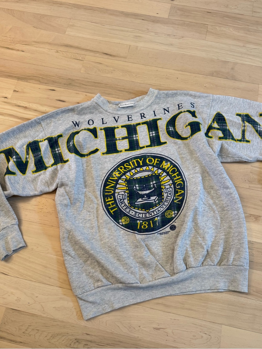 Vintage-University of Michigan-Wolverines-80s Plaid-Sleeve Spellout Sweatshirt
